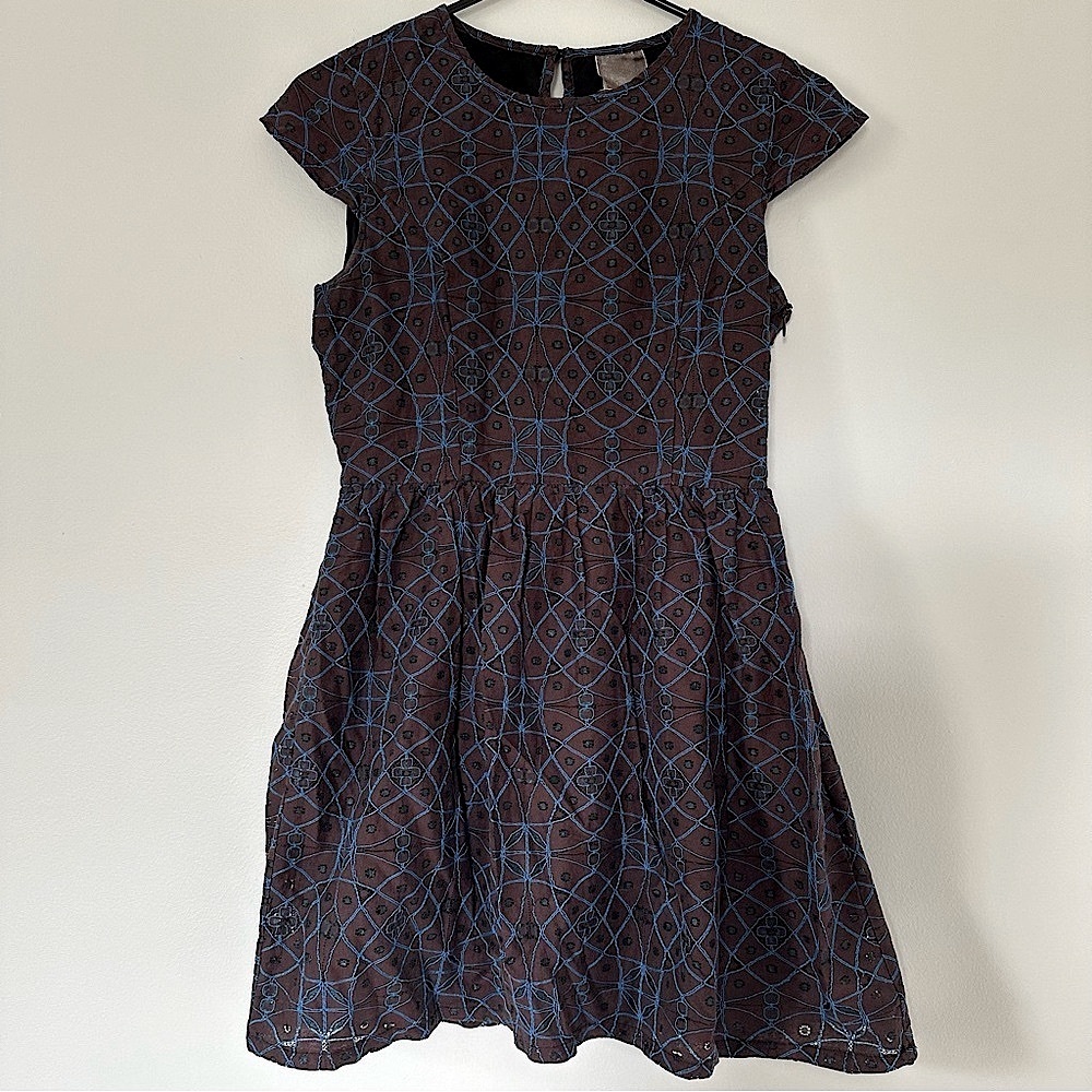 ModCloth Brown Blue Geometric Cotton Eyelet Fit & Flare Empire Waist Mini Dress